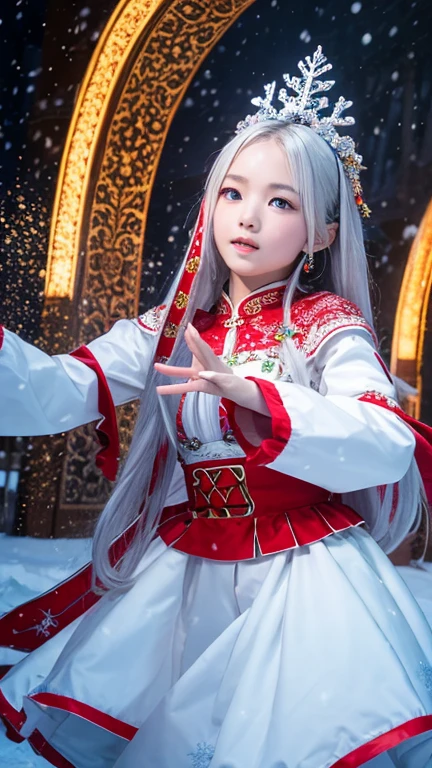 Best texture, high quality, Ultra high quality, 8k, Full body image, Panorama, snow, flying snowflakes, dancing in the snow, girl, Full of Miao silver jewelry, Hmong costumes, Silver Phoenix Crown, Melon seed face, Ultra-detailed face, blue eyes, Long eyebrows, White skin, Long silver hair, Long flowing hair, rising with the wind, snowflake colorful gifts, actual, Very detailed, high detail, Ultra-clear,
