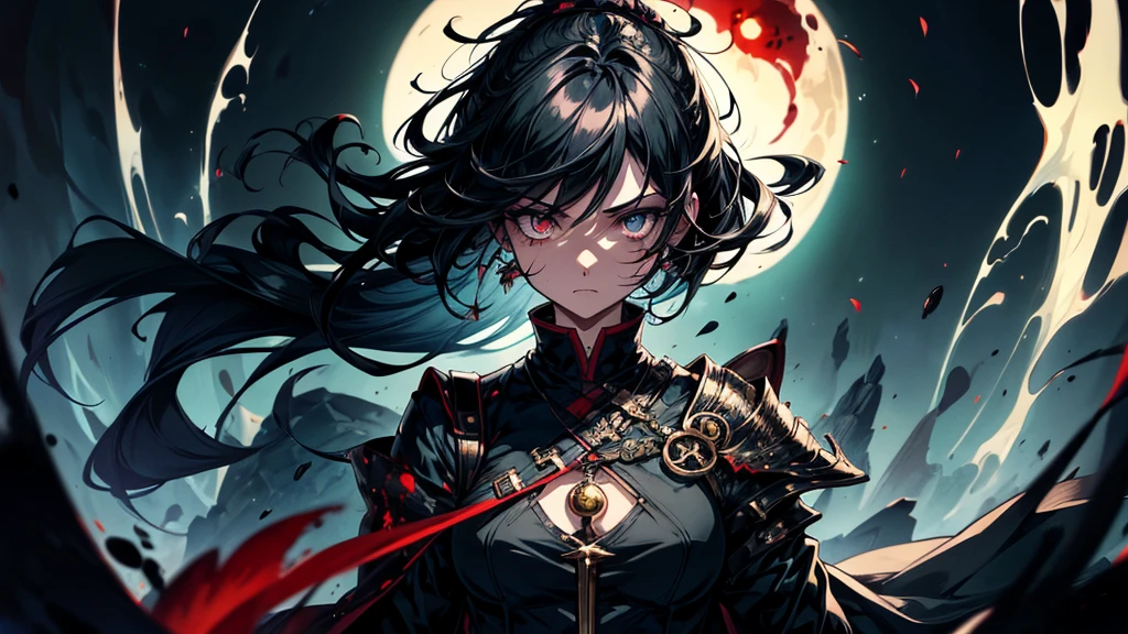 tomboy girl, handsome, black dragon horn on her head, abbys, monster, short black hair, (masterpiece:1.2、highest quality), (Exquisite eyes: 1.2), (Detailed Background、Dark fantasy), (cute detailed face), High Contrast, (Best lighting、Very delicate and cool), ((Cinema Lighting) )), black coat with white dirty dress, blood splatter, colorful, Hyper Detail, Dramatic Light, Intricate details, serious face, moon behind (20 years old, 1 girl, solo, black short hair, messy hair, pony in left ,Sharp Face, red eyeball, pony hair between the eyes, Dynamic Angle), (Blood splatter:1.4), Black light swirling around the character, Depth of written boundary, green light particles, Nightcore, black magician, Spectacular anime style, zerochan art, Anime Wallpaper, Burning, High quality anime art style, Key Anime Art