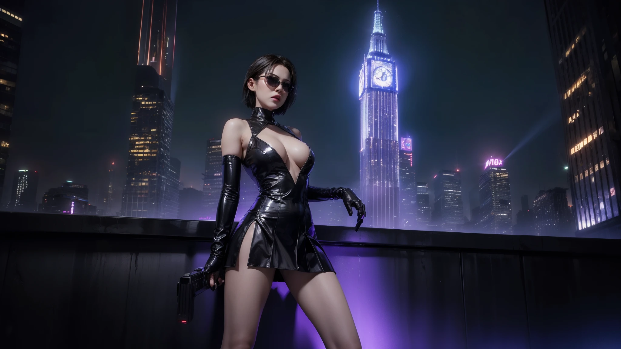 (Wide angle view). Matrix film inspired 1930s New York city, simple outlined neon tall buildings, glowing giant clock tower, cars, lightning, 3D rendering Beeple, Matrix-like glowing cascading code. At night, (1girl, solo, alone), photorealistic, medium-breast slim:0.6 body, oval:0.5 face, cleavage:1.1, sexy costume with deep-v, very low angle view of pleated miniskirt, white laced panty, ((upskirt)), glove, (Matrix style black micro sunglasses), ((aiming viewer with a short gun)), (half-body thigh level close-up shot), cinematic lighting, ray tracing.