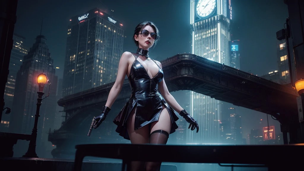 (Wide angle view). Matrix film inspired 1930s New York city, simple outlined neon tall buildings, glowing giant clock tower, cars, lightning, 3D rendering Beeple, Matrix-like glowing cascading code. At night, (1girl, solo, alone), photorealistic, medium-breast slim:0.6 body, oval:0.5 face, cleavage:1.1, sexy costume with deep-v, very low angle view of pleated miniskirt, white laced panty, ((upskirt)), glove, (Matrix style black micro sunglasses), ((aiming viewer with a short gun)), (half-body thigh level close-up shot), cinematic lighting, ray tracing.