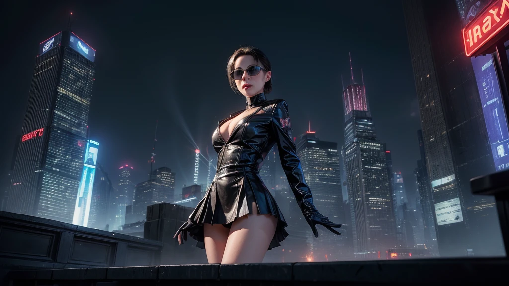 (Wide angle view). Matrix film inspired 1930s New York city, simple outlined neon tall buildings, glowing giant clock tower, cars, lightning, 3D rendering Beeple, Matrix-like glowing cascading code. At night, (1girl, solo, alone), photorealistic, medium-breast slim:0.6 body, oval:0.5 face, cleavage:1.1, sexy costume with deep-v, very low angle view of pleated miniskirt, white laced panty, ((upskirt)), glove, (Matrix style black micro sunglasses), ((aiming viewer with a short gun)), (half-body thigh level close-up shot), cinematic lighting, ray tracing.