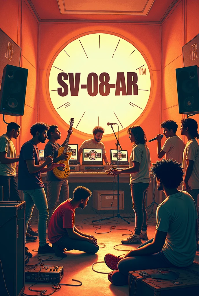 Make a cover of a song with a sign saying SV-08-AR and dynamic images of people in the music studio recording and exchanging ideas