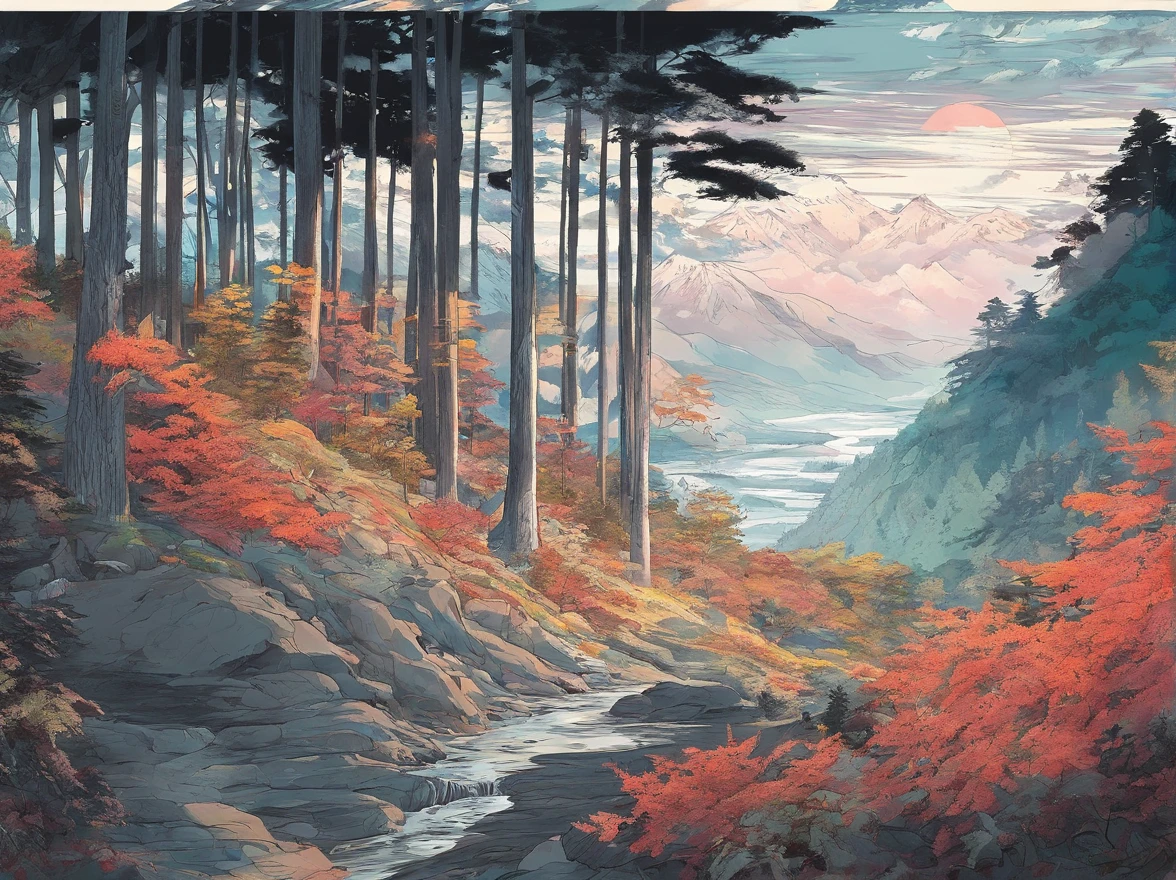 masterpiece, drawing, beautiful forest, tundra, penumbra, terrifying, terror, detailed, High Definition, japanese style, manga, comic, warm light, 