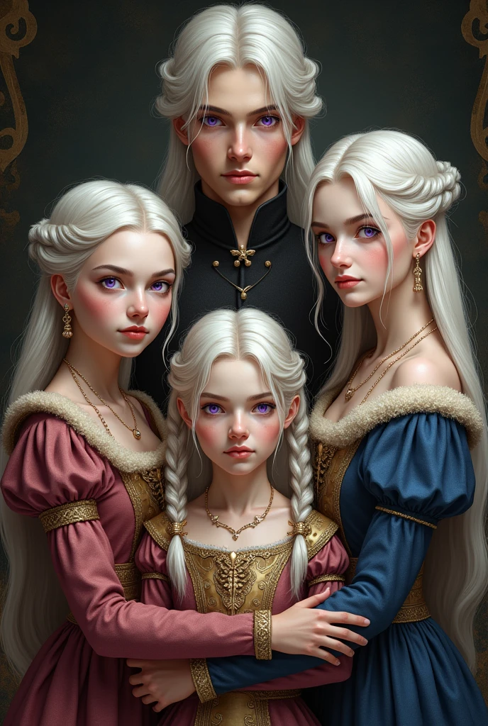 Create an image of four siblings, 1 male and 3 females.
The man is in the center of the image, he is the lord of the house.
the oldest sister is on the left side, and the other two, the youngest is on her brother's side and the middle one is a little further away from him.
All of them are already so grown up 
The younger sister is the prettiest 
They all have white hair and purple eyes, pale white skin, they are all beautiful.
They are in a medieval, middle ages setting, wearing period clothing and accessories. 