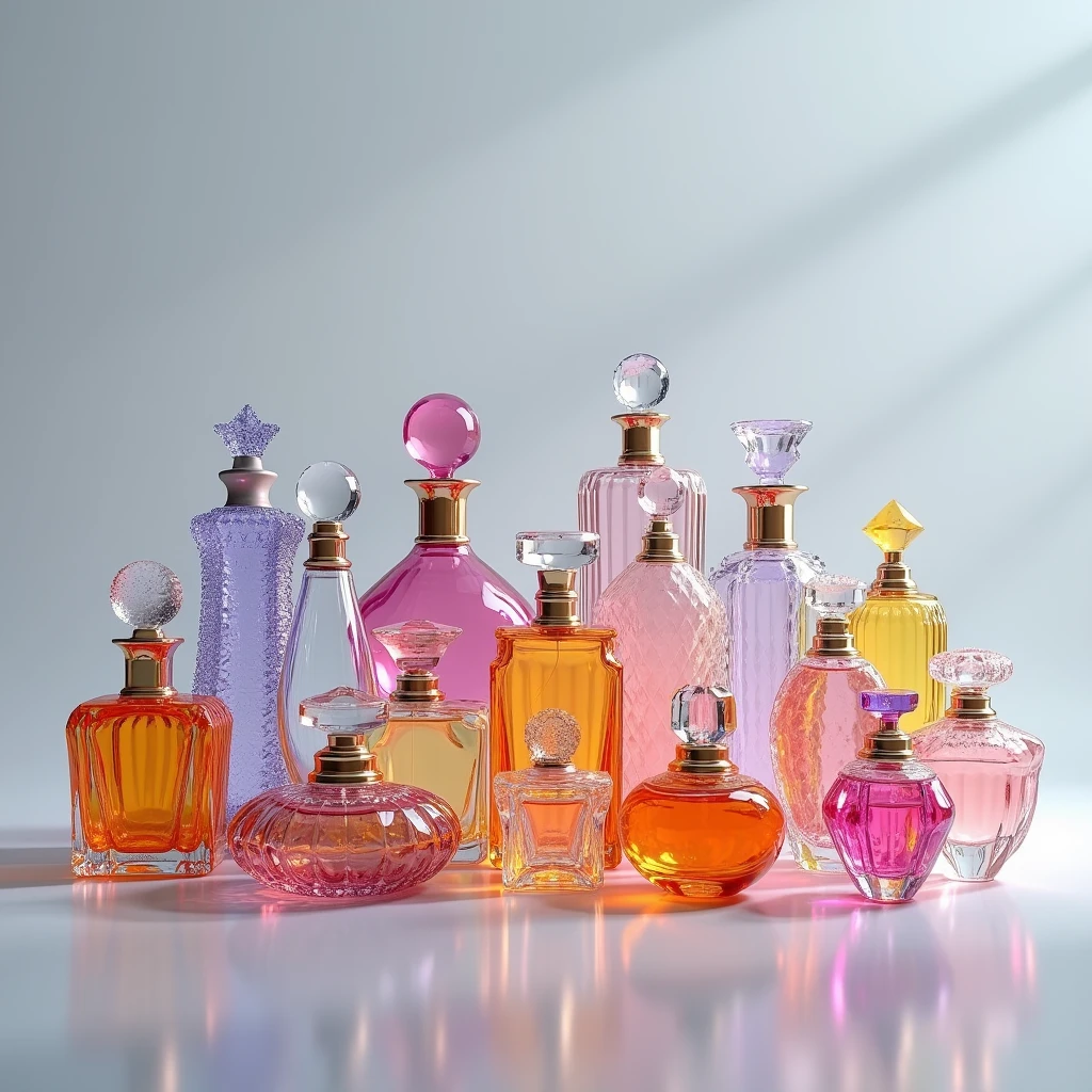 gray background with colorful and diverse perfume bottles made of glass, scattered around."