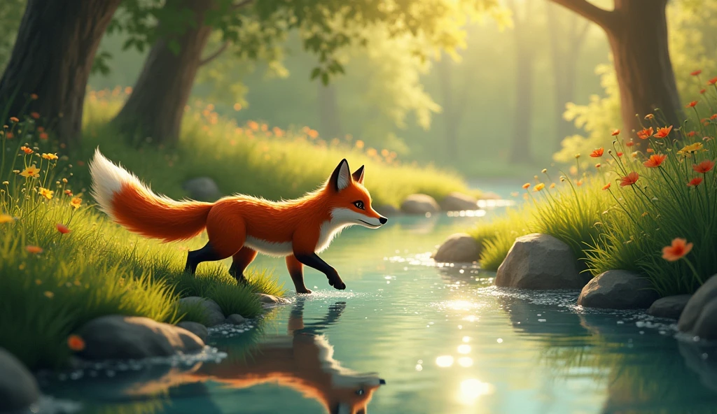 One sunny morning, Fox discovered a sparkling stream he had never seen before. Curious, he followed the stream and soon heard a soft cry of a little rabhit