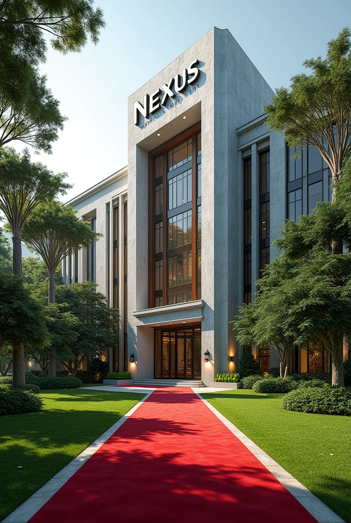 A wonderful and luxurious building, it's on it's own with large compound with trees and Grass with Singaporean architecture and the words Nexus Global Embassy fully exposed on the building separate concrete with red carpet on the entrance with a good full view and angle 