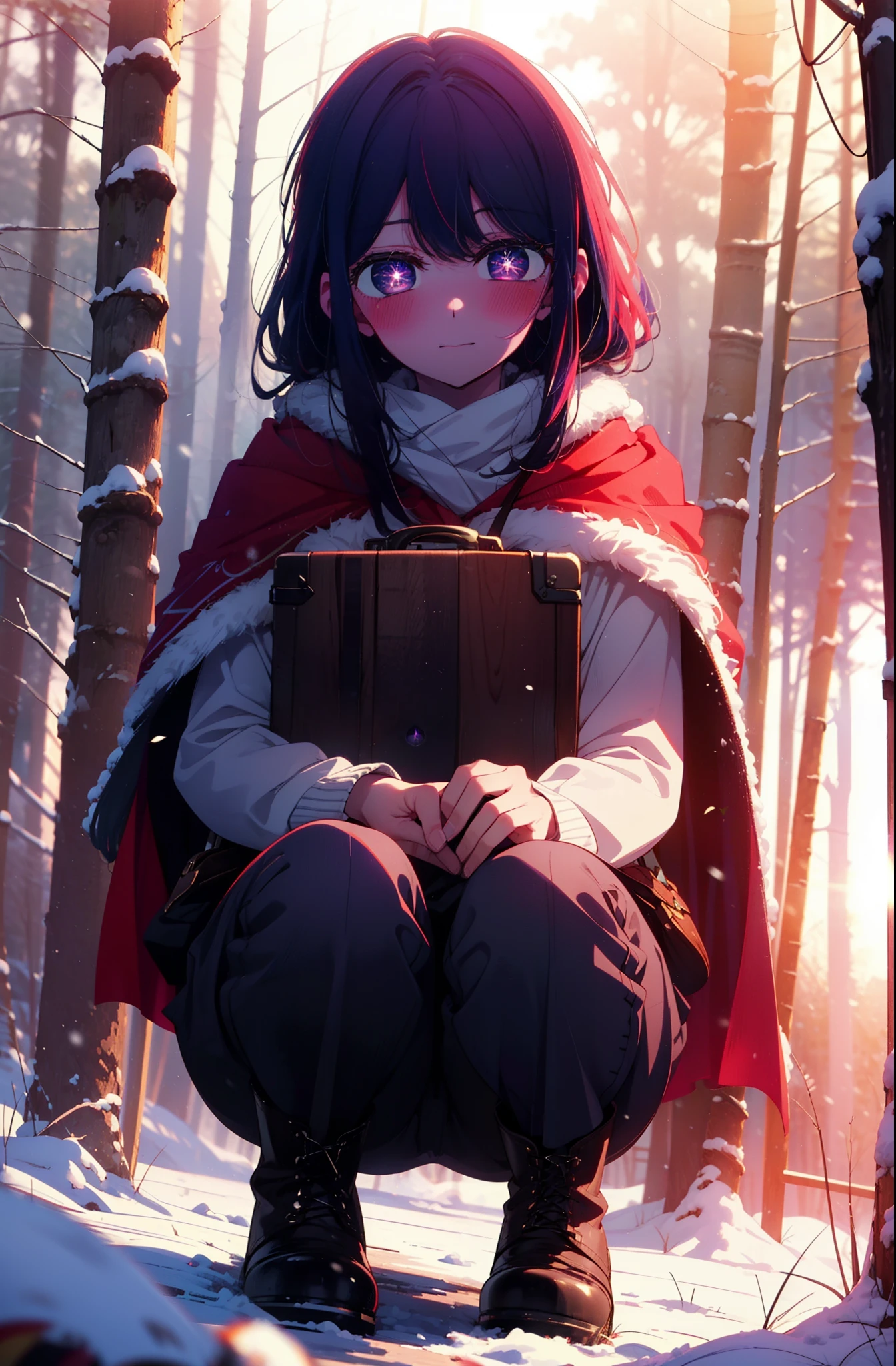 aihoshino, Ai Hoshino, Long Hair, bangs, (Purple eyes:1.1), Purple Hair, (Symbol-shaped pupil:1.5), smile,,smile,blush,white breath,
Open your mouth,snow,Ground bonfire, Outdoor, boots, snowing, From the side, wood, suitcase, Cape, Blurred, , forest, White handbag, nature,  Squat, Mouth closed, Cape, winter, Written boundary depth, Black shoes, red Cape break looking at viewer, Upper Body, whole body, break Outdoor, forest, nature, break (masterpiece:1.2), Highest quality, High resolution, unity 8k wallpaper, (shape:0.8), (Beautiful and beautiful eyes:1.6), Highly detailed face, Perfect lighting, Highly detailed CG, (Perfect hands, Perfect Anatomy),