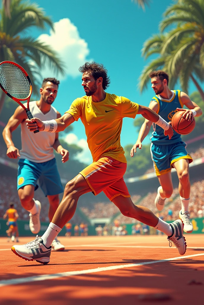 an image with Rafael Nadal playing tenis, Messi showing how rich he is and Stephen Curry playing basketball 
