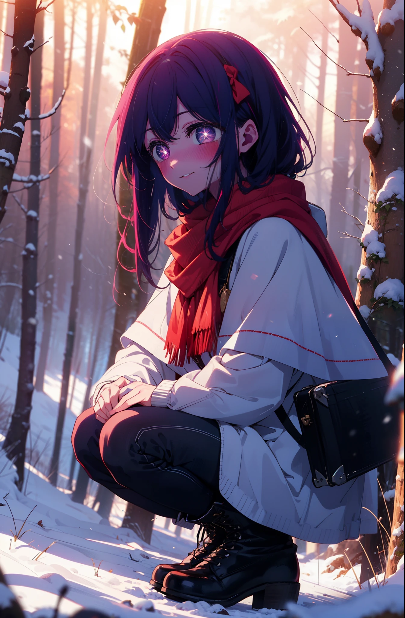 aihoshino, Ai Hoshino, Long Hair, bangs, (Purple eyes:1.1), Purple Hair, (Symbol-shaped pupil:1.5), smile,,smile,blush,white breath,
Open your mouth,snow,Ground bonfire, Outdoor, boots, snowing, From the side, wood, suitcase, Cape, Blurred, , forest, White handbag, nature, Squat, Mouth closed, Cape, winter, Written boundary depth, Black shoes, red Cape break looking at viewer, Upper Body, whole body, break Outdoor, forest, nature, break (masterpiece:1.2), Highest quality, High resolution, unity 8k wallpaper, (shape:0.8), (Beautiful and beautiful eyes:1.6), Highly detailed face, Perfect lighting, Highly detailed CG, (Perfect hands, Perfect Anatomy),