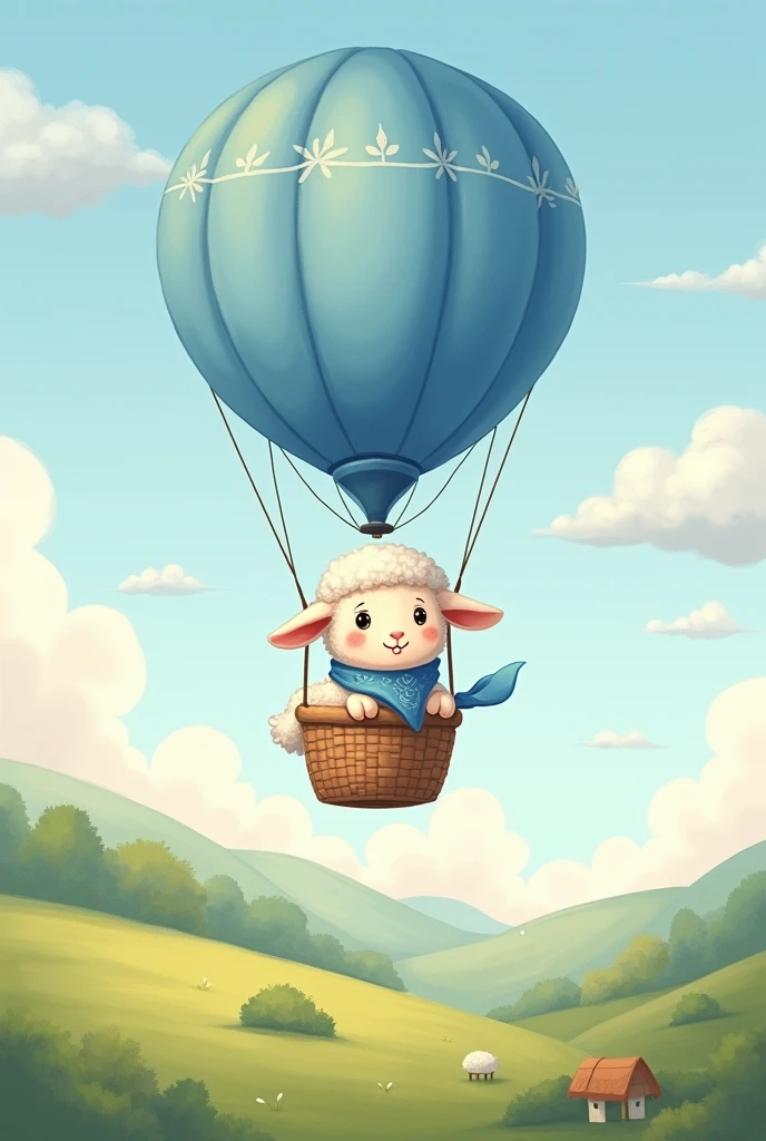 baby sheep drawing with blue bandana, inside the blue flying balloon
