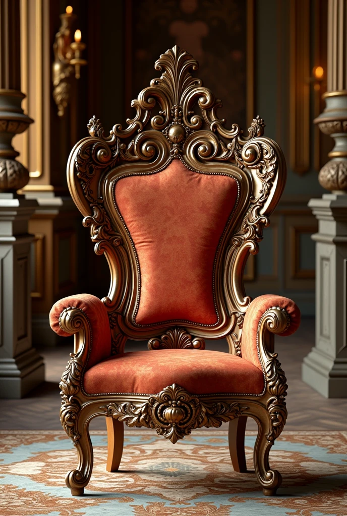 there is a gold chair with a white cushion on a red rug, gold throne, golden throne, luxury furniture, throne, ornate furniture, elegant furniture, elegant and ornate, sitting on intricate throne, sitting on an ornate throne, sitting on a golden throne, armchair, sitting on golden throne, luxury hd render, sitting in fancy chair, wood carved chair, ornate and elegant