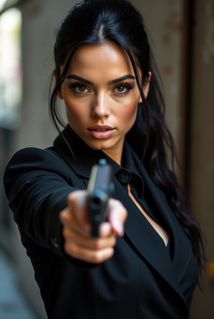 ultra realistic, photography, long black straight hair in a ponytail, elegant hair, (30 years old, hazel eyes, hourglass figure, perfect fit body, natural big breasts), serious look, femme fatale, long eyelashes, cat-eye make-up, she is from the NYPD and has her gun drawn