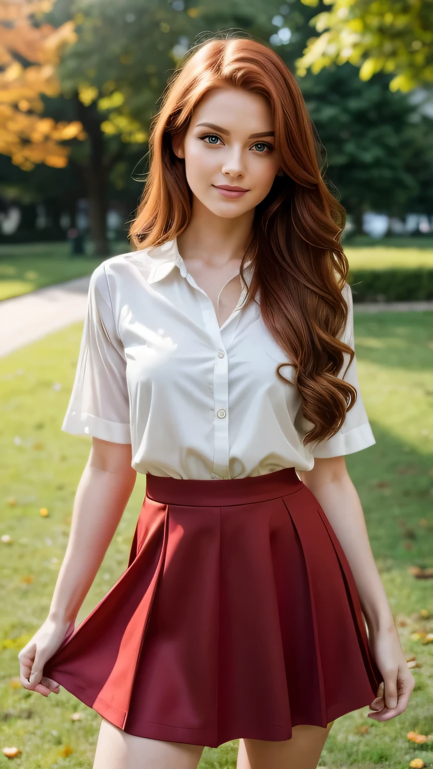 Realistic full body photo of a smiling, Young red-haired woman with long hair, She dances in front of the camera in a suit with a red skirt..., Park,glamour fotoshooting, Park, perfect anatomy, perfect green eyes. Perfect hands with 5 fingers on each hand, Matching girl, looking at the camera, 1 Frau. (Eye make up:1.1), (highly detailed skin:1.1), spirit, analog style, keen focus, 8K  UHD, dslr, good quality, Fujifilm XT3, Grain, Award-winning, ​masterpiece. Park
