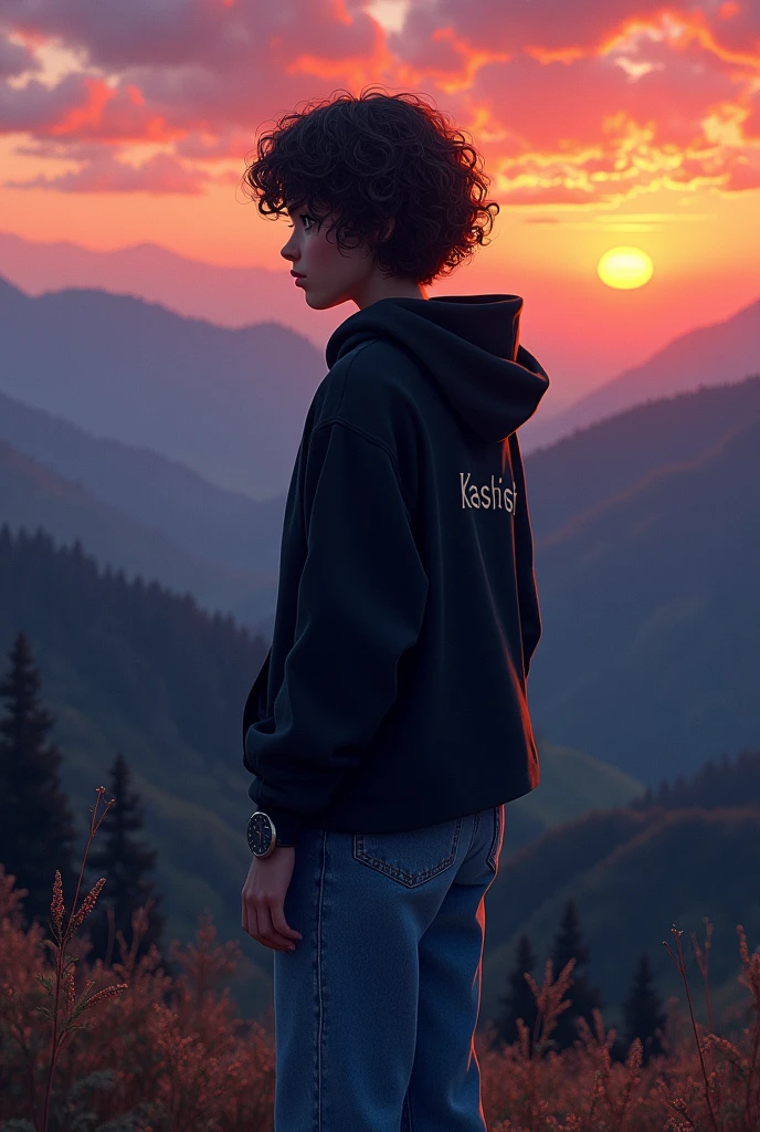 a beautiful sad girl standing on mountains hills ,wearing black hoodie, blue jeans, , wearing watch, short and Curley hair and evening sunset, mountains hills in background, evening sunset, written written 'kashish' in backside of girl hoodie. Watching straight Alphonse Mucha