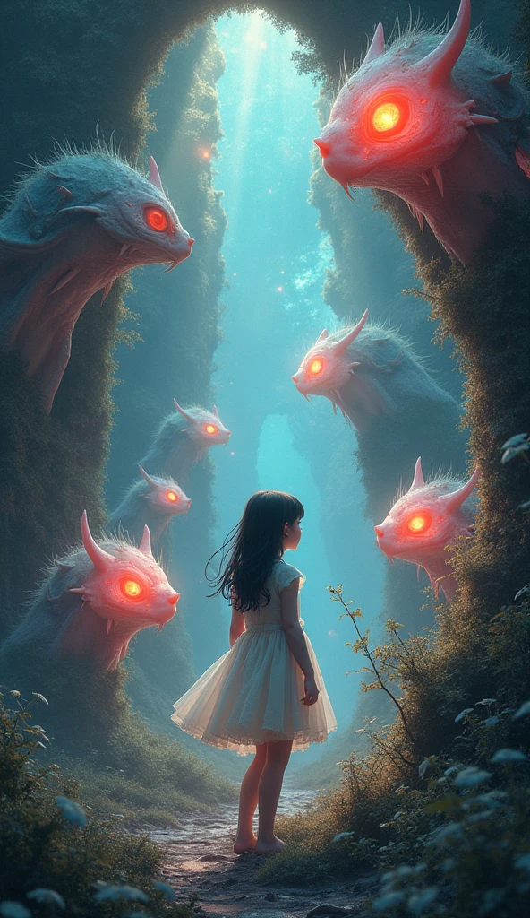 a surreal fantasy scene, a young girl encountering aliens in another dimension, detailed portrait, intricate details, ethereal atmosphere, vibrant colors, dramatic lighting, cinematic composition, elegant poses, imaginative creatures, glowing energy, mystical portal, otherworldly landscapes, best quality, 8k, highres, masterpiece, ultra-detailed, photorealistic, professional, vivid colors, dramatic lighting