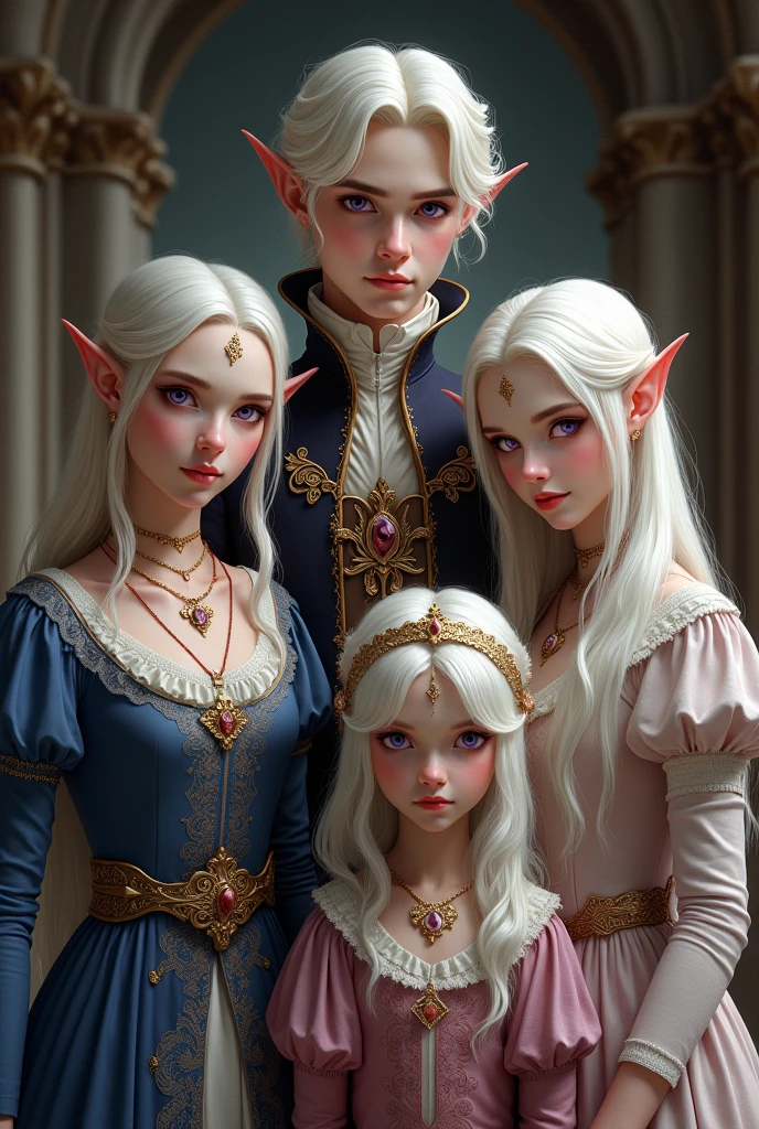 Create an image of four siblings, 1 male and 3 females.
The man is in the center of the image, he is the lord of the house.
the oldest sister is on the left side, and the other two, the youngest is on her brother's side and the middle one is a little further away from him.
All of them are already so grown up 
The younger sister is the prettiest 
They all have white hair and purple eyes, pale white skin, they are all beautiful.
They are in a medieval, middle ages setting, wearing period clothing and accessories. 