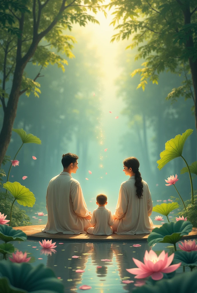 Children mom dad enlightened by meditation on Lotus flower