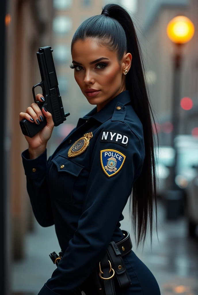 ultra realistic, photography, long black straight hair in a ponytail, elegant hair, (30 years old, hazel eyes, hourglass figure, perfect fit body, natural big breasts), firtatious look, femme fatale, long eyelashes, cat-eye make-up, she is from the NYPD and has her gun drawn, full body picture