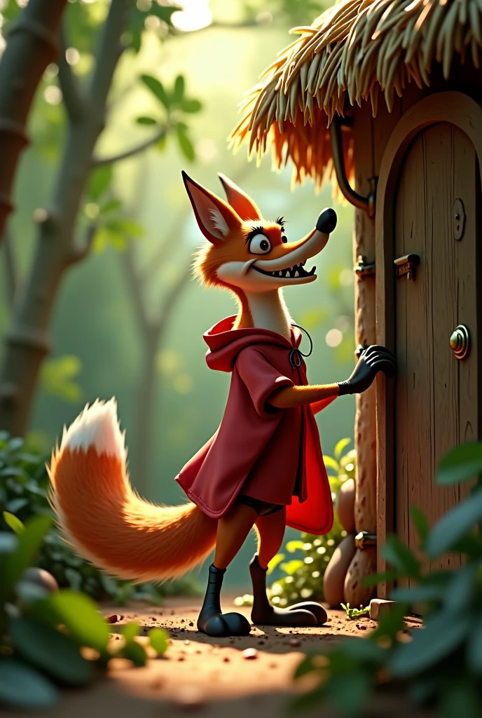 closeup 3D illustration, (1male fox:1.2), (sinister yet playful expression:1.5), dangerously playful, dark humour, wearing a red cape and a red hoodie standing on its too feet like a cartoon character, lean build, (disproportionate body long nose and mouth), (smiling notoriously with expression of ), (realistic fur texture), (jungle background:1.4), standing and knocking the wooden door of a straw house, wooden door, straw house, sunlight filtering through the trees, (soft lighting:1.3), (green and earthy color scheme:1.3), (highly detailed), (ultra quality:1.3), (masterpiece), (digital art), 8K resolution, HDR, depth of field, (soft shadows), (photorealistic:1.3), (animation:1.2), (by Greg Rutkowski:0.9), (in the style of Alphonse Mucha), trending on ArtStation, award-winning art