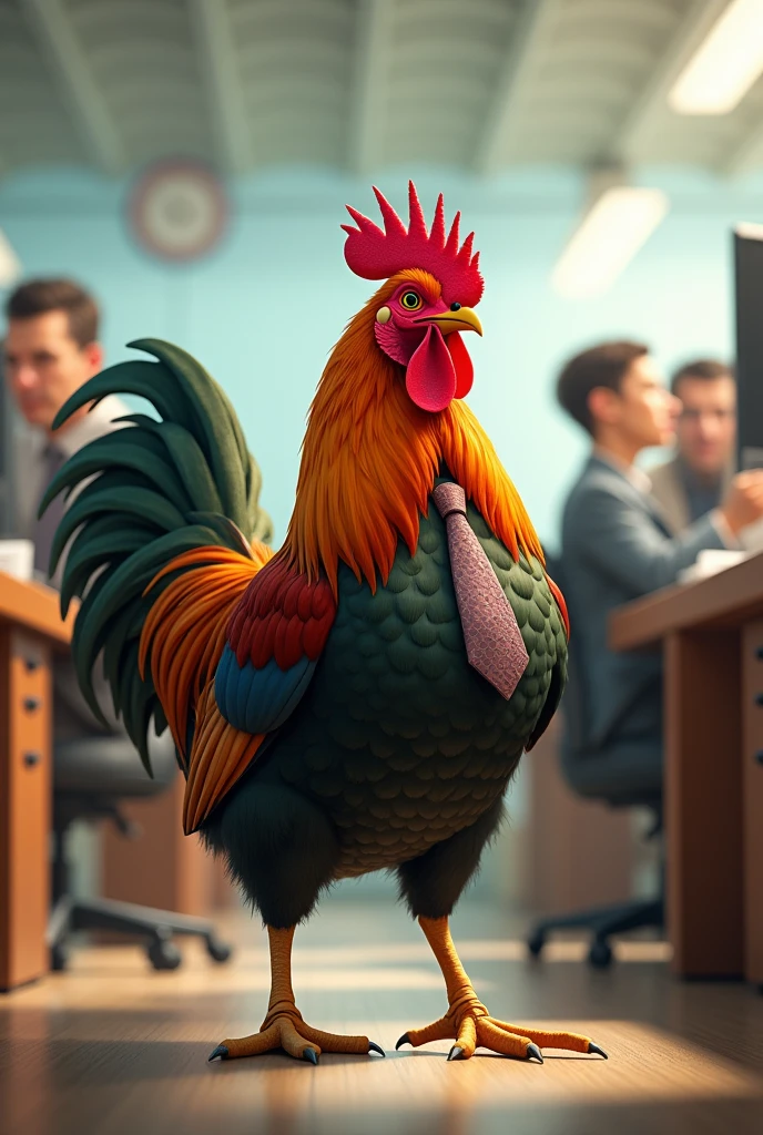 A petted rooster at work 