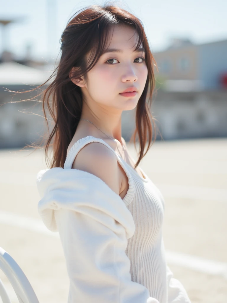 girl、 analog film photo, (Create a realistic and photorealistic photo image)、whole body、White tank top、Dimly lit place、Red light、Sitting、blur, tint, depth,