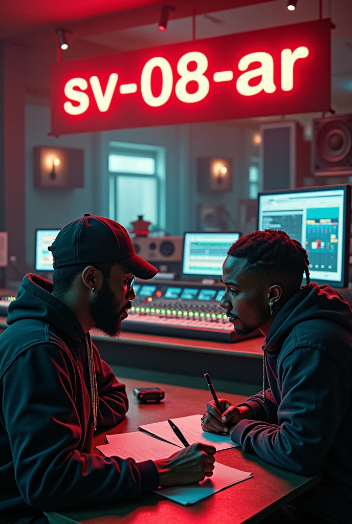 Cover a song with a sign saying SV-08-AR and dynamic images of rappers in the music studio recording and exchanging ideas