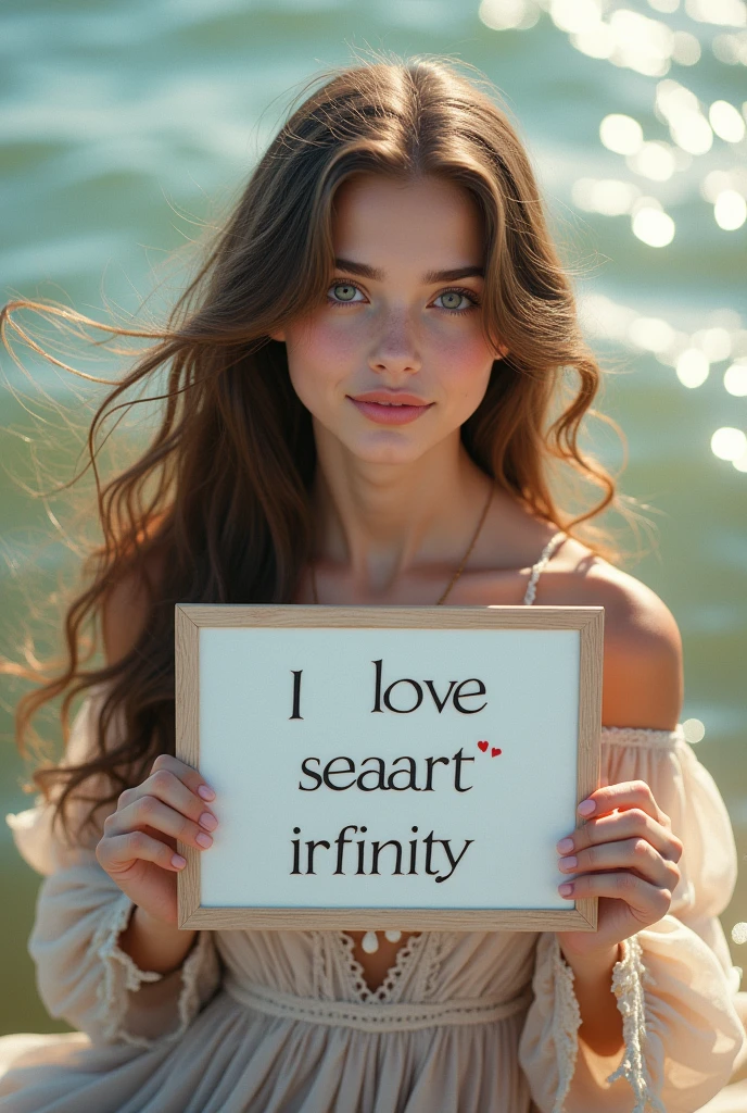 Beautiful girl with wavy long hair, bohemian dress, holding a white board with text "I Love Seaart Infinity" and showing it to the viewer