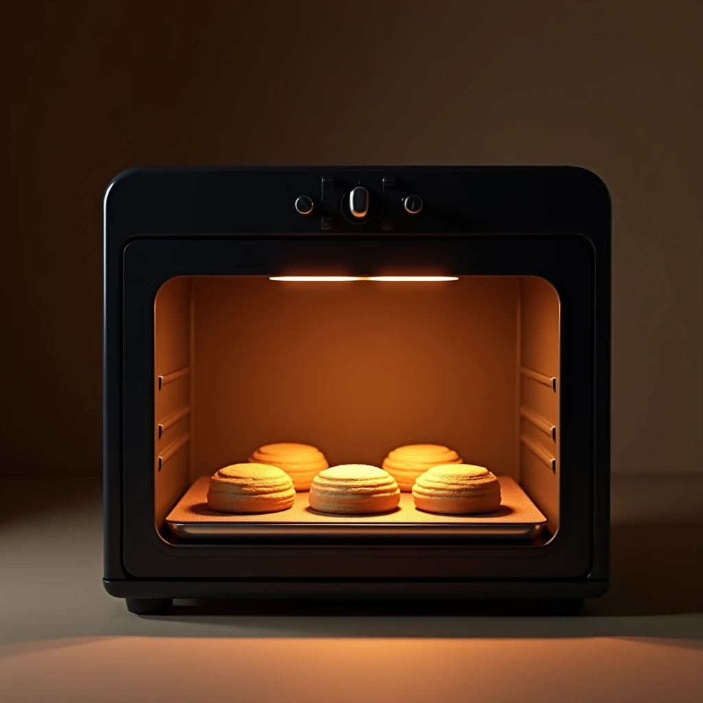 round sablé cookies baking in a black modern oven with no items on top, orange lighting, no people present, focus on the oven, with the cookies on a silicone mat placed on an oven tray, baking."