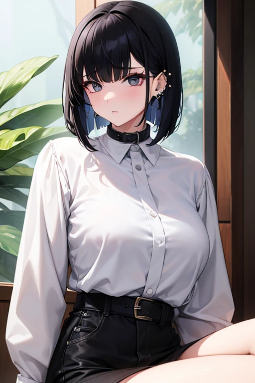 A girl with a tough personality、tall、Three white eyes、Slanted Eyes、Black short bob、Cartilage Piercing、Modest、White blouse、She&#39;s tucking the blouse into a loose black maxi skirt.、clear、Menhera