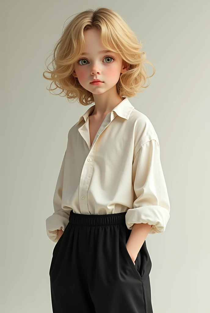 Blonde boy with hazel eyes and fair skin wearing black baggy pants and a white baggy shirt