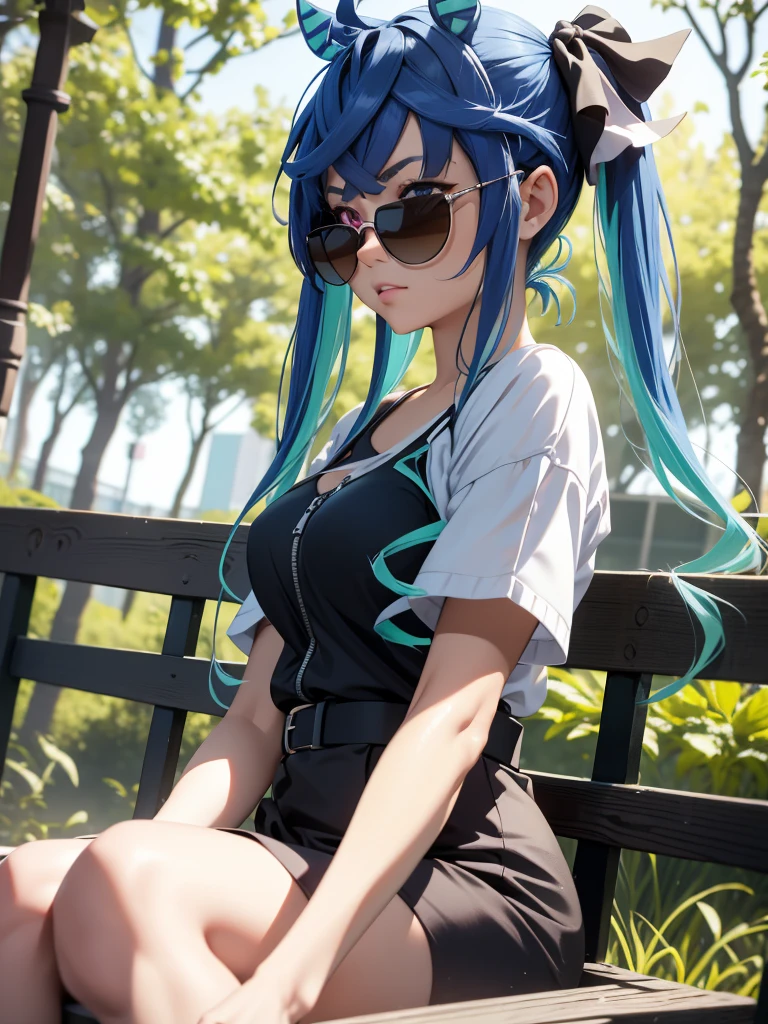 (masterpiece、top-quality、hight resolution、Unity 8k、extremely details CG:1,Best Picture), Twin_Turbo_Umamusume, aqua hair, twintails, heterochromia, purple eyes, blue eyes, sharp teeth, horse's ear, small breasts, "A famous porn star relaxing in a peaceful park on a weekday, away from the work environment. She is sitting on a park bench, dressed casually in comfortable yet stylish clothing. She wears sunglasses as a simple disguise, blending in with the surroundings. The atmosphere is calm, with the sun shining softly through the trees. She appears at ease, enjoying a moment of solitude and nature, far removed from her professional life, just a woman taking a break in a serene environment."