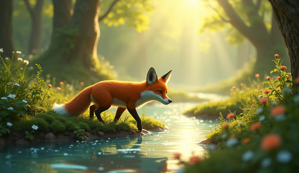 One sunny morning, Foxdiscovered a sparkling stream he had never seen before. Curious, he followed the stream and soon heard a soft cry of a rabbit