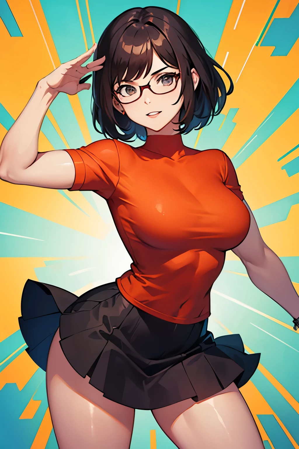 Velma Dinkley big chest, short skirt in an action pose.