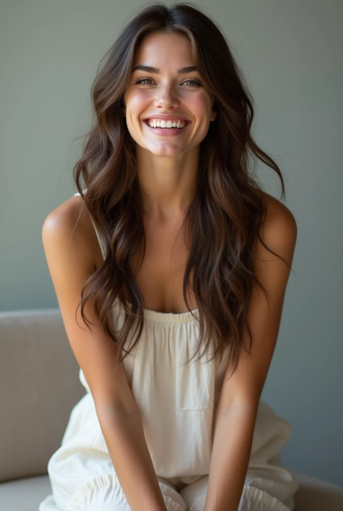 Full-length brunette woman sitting smiling
