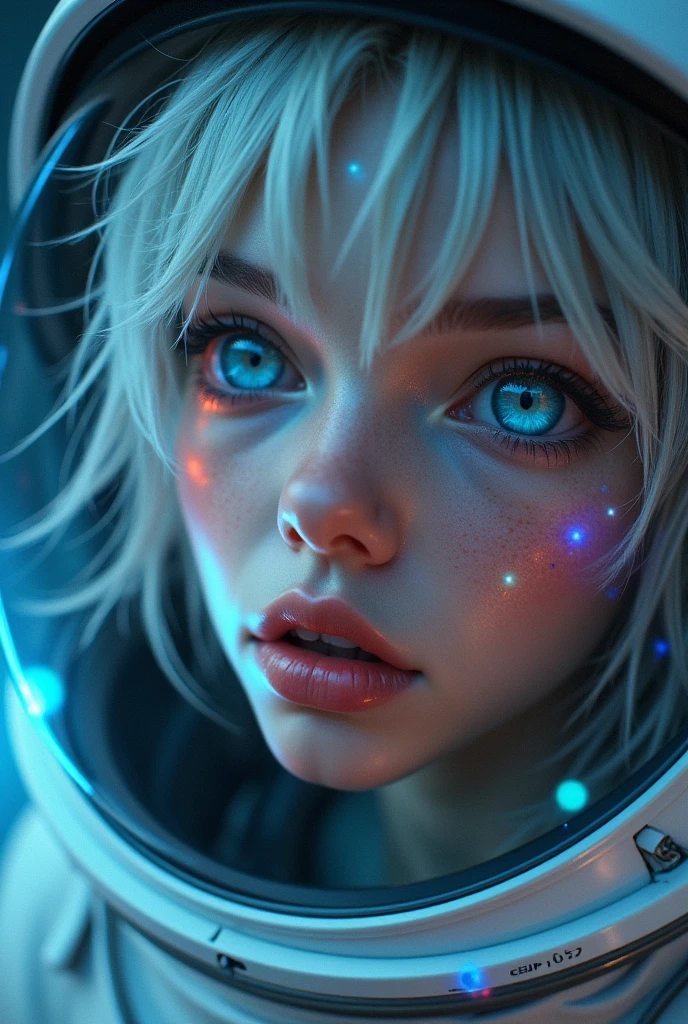 (Close-up of a better masterpiece: 1.5) 0.9], (Space and astronauts: 1.2) (Disheveled silver hair: 1.1) (Xanthochromia heterochromia and blue eyes: 1.2) (space helmet: 1.0) (colorful stars in the eyes: 1.0) (A radiant glow: 1.1) (thick lips: 0.9)