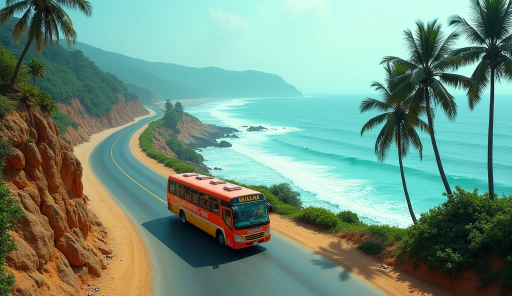 YOUTUBE THUMBNAIL FOR VIZAG BEACH ROAD. COOL COLOURS, WRITE CAPTION ON THE GENERATED IMAGE . Bus on the beach road,