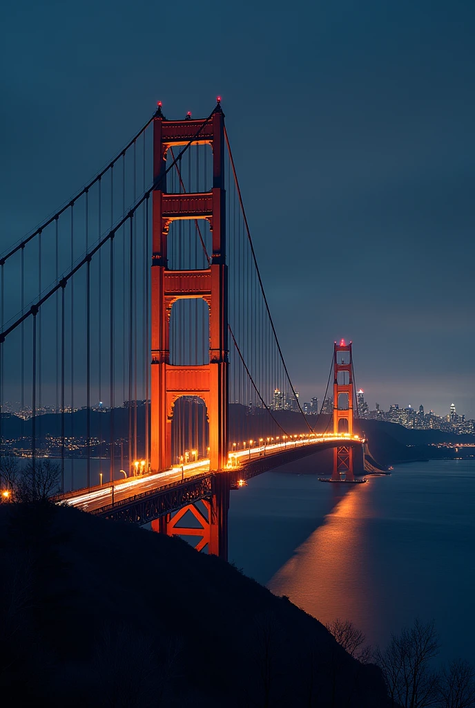 The Golden Gate Bridge, at night, 2 (Towers) In the background the city of San Francisco at night