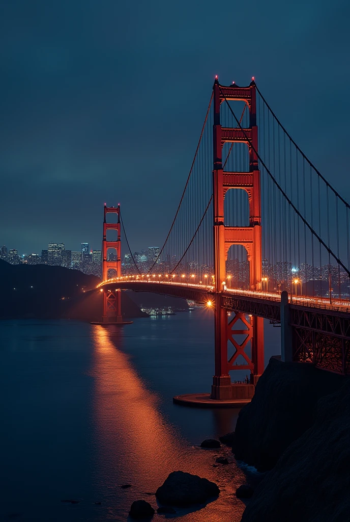 The Golden Gate Bridge, at night, 2 (Towers) In the background the city of San Francisco at night