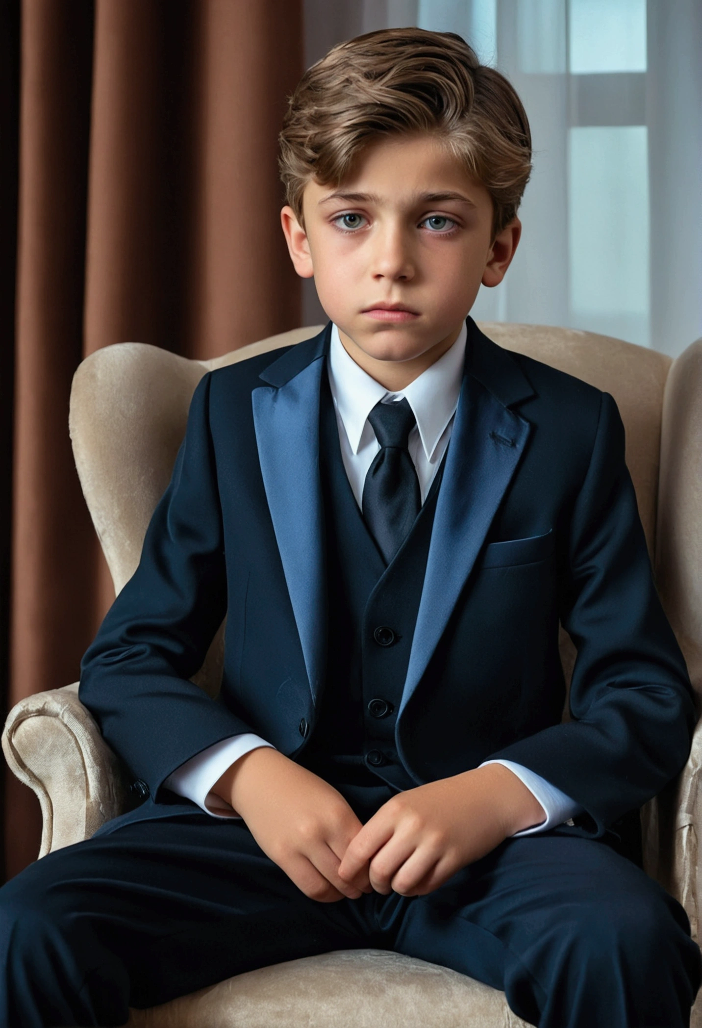 A beautiful and very sad boy, twelve years old, overwhelmed by grief, with beautiful face, European traits, light eyes, the broken heart, without illusions, and with a lot of feeling, In his bedroom, sitting in an armchair, formal wear, Lost look.