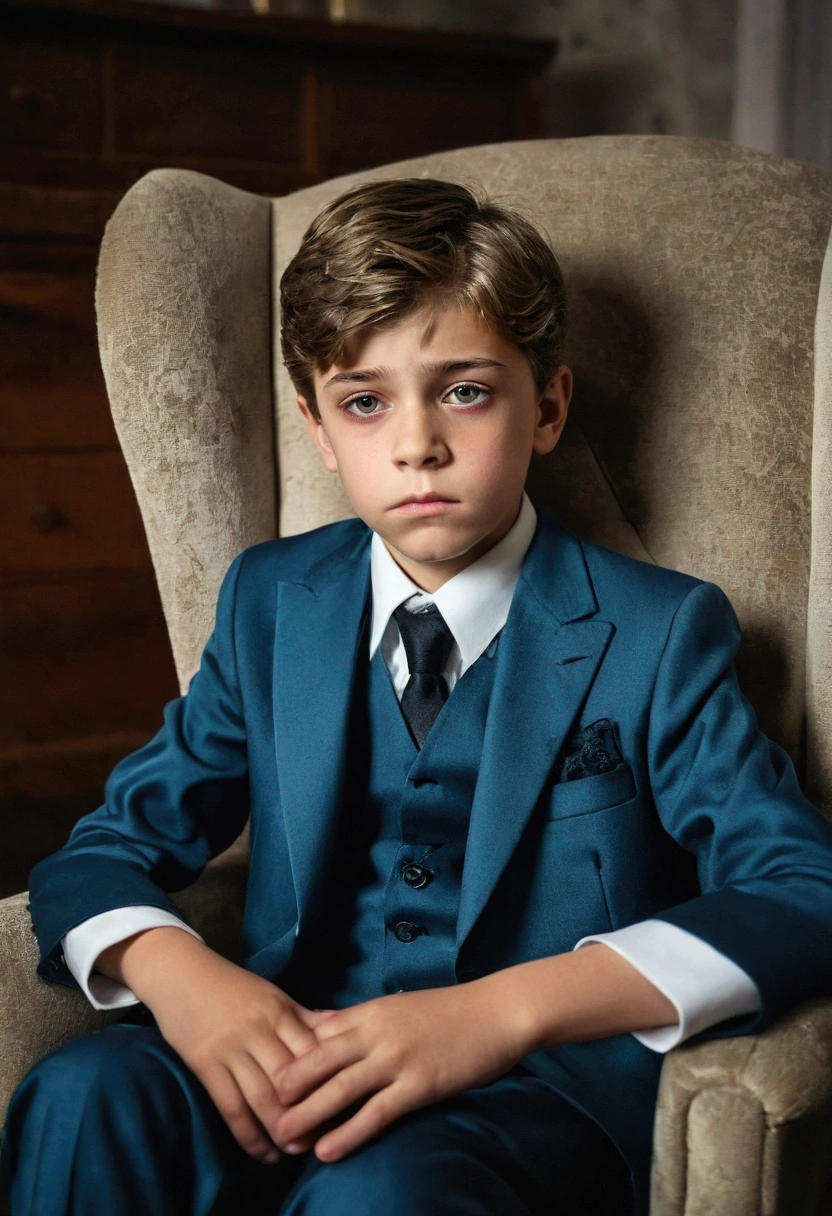 A beautiful and very sad boy, twelve years old,  overwhelmed by grief, with beautiful face, European traits, light eyes, the broken heart, without illusions, and with a lot of feeling, In his bedroom, sitting in an armchair, formal wear, Lost look.