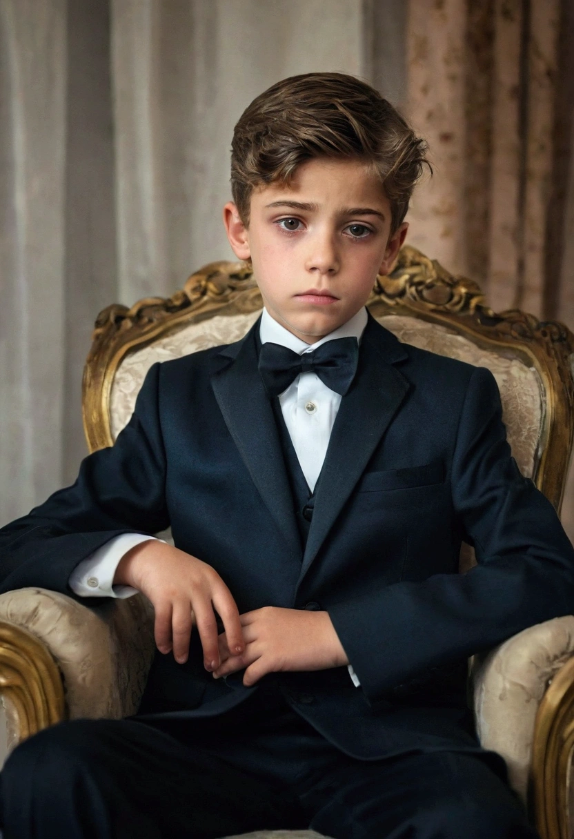 A beautiful and very sad boy, twelve years old,  overwhelmed by grief, with beautiful face, European traits, light eyes, the broken heart, without illusions, and with a lot of feeling, In his bedroom, sitting in an armchair, formal wear, Lost look.