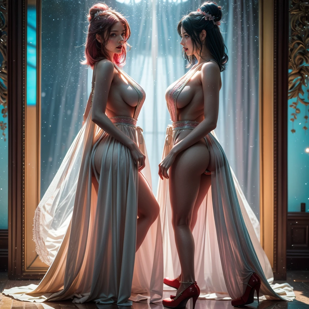 (Graceful Full Body of Extremely Detailed((y Princesses Group in a row:1.37))), KAWAII perfect face with Reflective Eyes, Detailed(Delicate Clothing textures), Correct Graceful Legs, Dynamic Joyful Expressions LifeLike Rendering, Specular Reflection of mirrored floor, TopQuality 8K Ultra-detailed masterpiece (ProfessionalPhoto:1.37), (Acutance:0.8), (Luminism:1.28), ((Mirror room)), Colorful Light particles, (Full body from side) {Kissing Face to Face|Cute Peach Assus|(NakedAwith (Overflowing Sideboob))}, Radiant Fine Skin with Transparency, (Exposed:0.4) {Pink Hair|LightBlue Hair|Blonde|Pure White Hair|Liquid Hair|Red Shoes}, Perfect Lighting