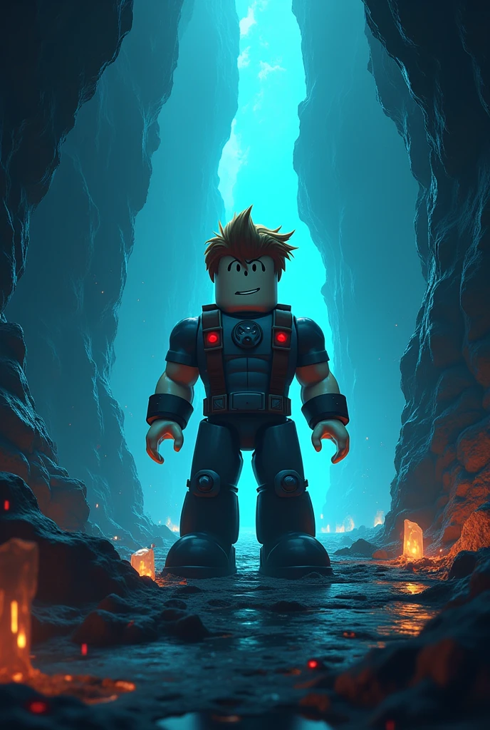 Make Roblox Game thumbnail For My game Called Excape nd Expolore Cave and I want title On it Ecape The Abyss Roblox character something that will catch people eye and make them play something More powerful