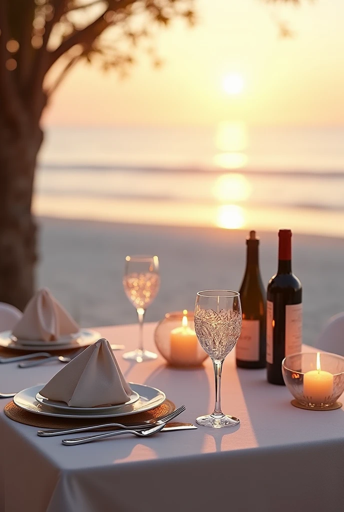 An elegant dining table with a beach view in the background. The table is decorated with western-themed tableware such as white porcelain plates., silver cutting tool, and crystal wine glasses. On the table are neatly folded linen napkins, a classically styled center candle, and a bottle of wine. Around the table, white sand beach and gentle waves can be seen clearly. The setting sun gives a warm and romantic atmosphere, reflecting golden color on the sea surface.