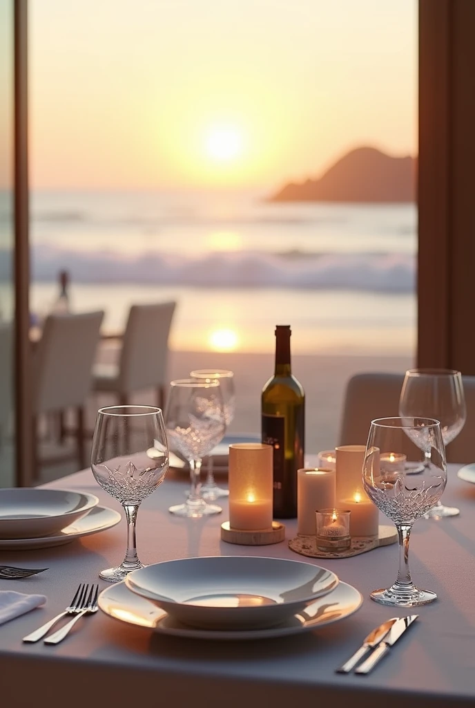 An elegant dining table with a beach view in the background. The table is decorated with western-themed tableware such as white porcelain plates., silver cutting tool, and crystal wine glasses. On the table are neatly folded linen napkins, a classically styled center candle, and a bottle of wine. Around the table, white sand beach and gentle waves can be seen clearly. The setting sun gives a warm and romantic atmosphere, reflecting golden color on the sea surface.