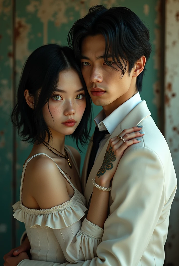 Adult girl with butterfly cut black hair, White skin, Russian, freckles on the face, green eyes, serious face, hippie grunge clothing, hugging an adult, Asian, attractive, white, suit, with tattoos and taller.