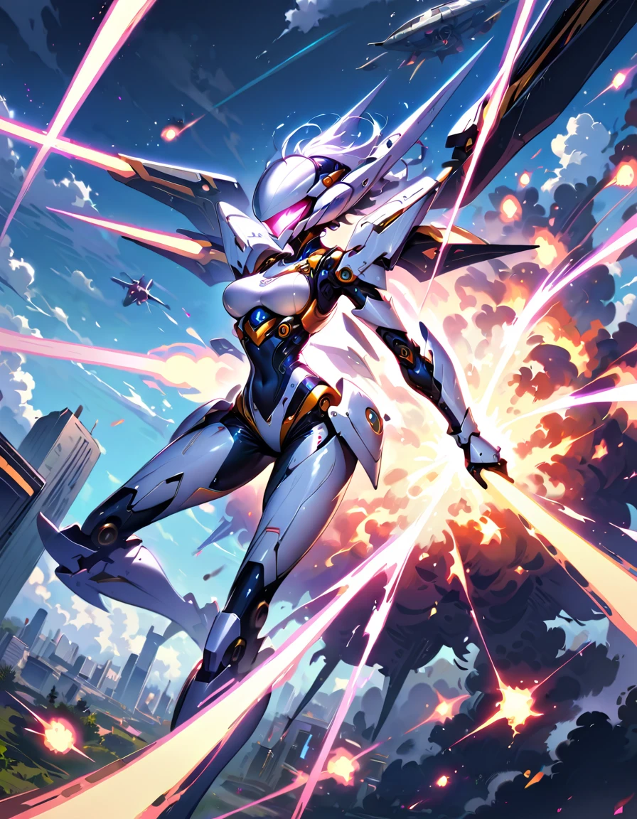 Mechanobiology:1.5,(Highest quality,Extremely detailed depiction,Incredibly absurd high resolution,Anatomically accurate depiction),Female type,Highly precise machine,White futuristic exoskeleton,Mechanical wings,Mechanical thrusters,Flying in the sky,Battle Scenes:1.3,explosion,laser,