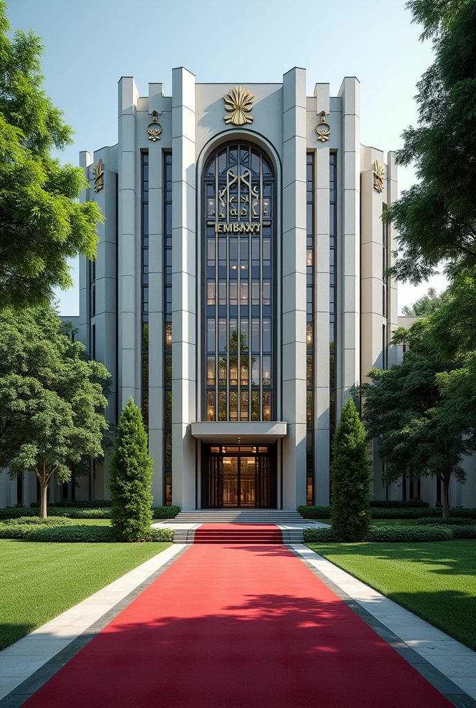 A wonderful and luxurious building, it's on it's own with large compound with trees and Grass with Singaporean architecture and the words Nexus Global Embassy fully exposed on the building separate concrete with red carpet on the entrance with a good full view and angle