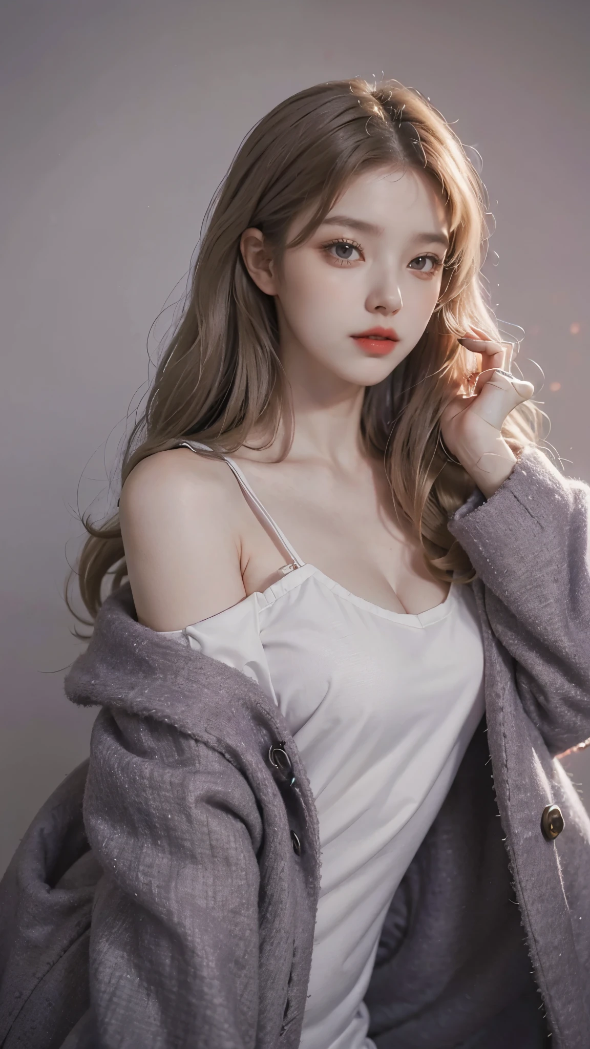 Girl wearing, luxury purple coat, shoulder length hair, wavy hair, glowing skin, star in eye, red lips, grey background, cute poses , upper body, light blonde hair.